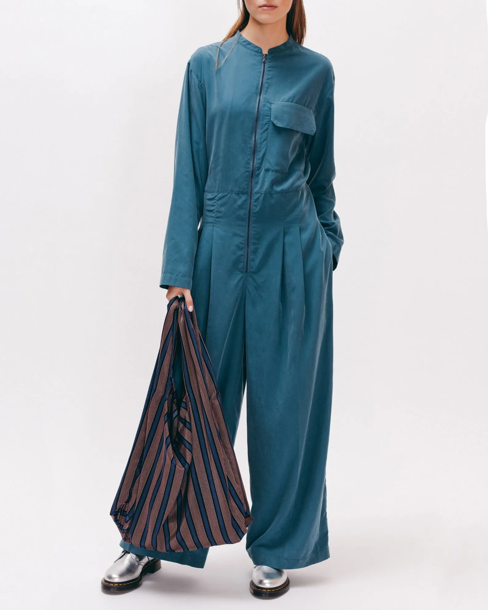 Stripe Rayon Market Tote - Navy W
