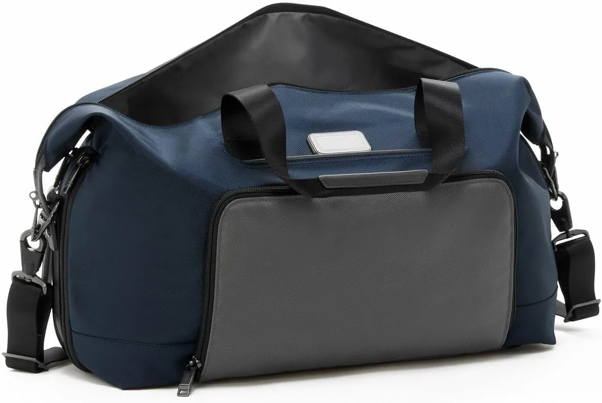 TUMI Alpha Double Expansion Travel Satchel - Business Duffel Bag for Men & Women - Weekend Travel Bag with Shoulder Strap - Navy/Grey