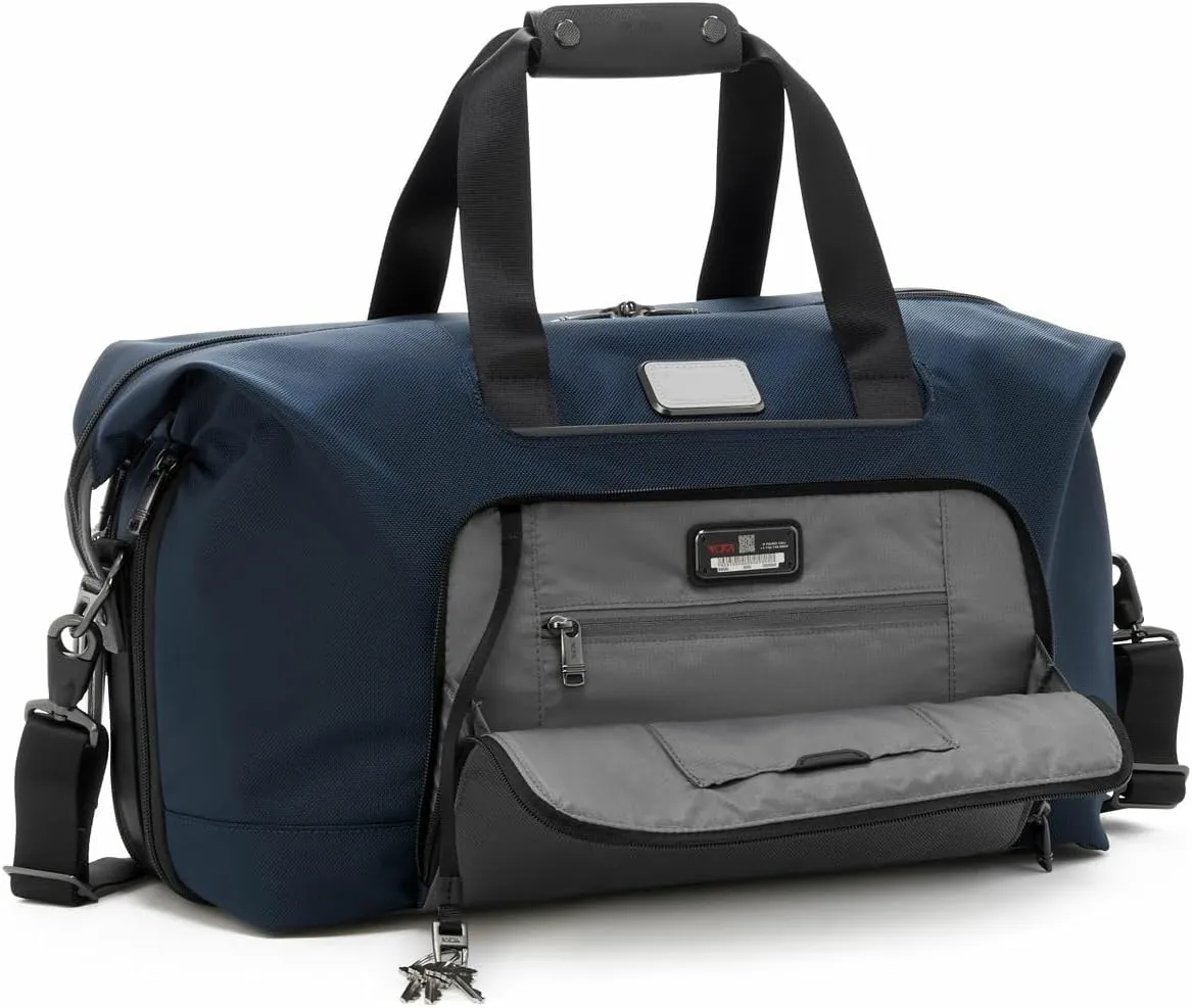 TUMI Alpha Double Expansion Travel Satchel - Business Duffel Bag for Men & Women - Weekend Travel Bag with Shoulder Strap - Navy/Grey