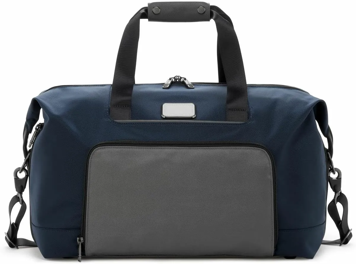 TUMI Alpha Double Expansion Travel Satchel - Business Duffel Bag for Men & Women - Weekend Travel Bag with Shoulder Strap - Navy/Grey