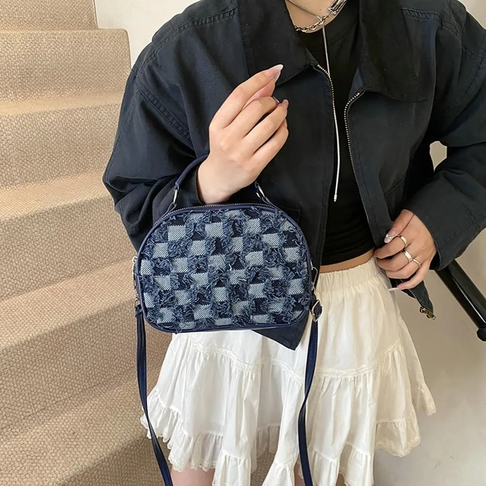 Women Denim Mini Top Handle Shoulder Crossbody Checkered Satchel Purse Plaid Handbag Trendy Work Square Bag
