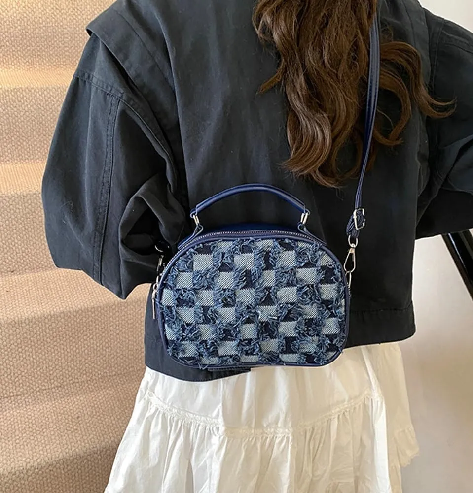 Women Denim Mini Top Handle Shoulder Crossbody Checkered Satchel Purse Plaid Handbag Trendy Work Square Bag