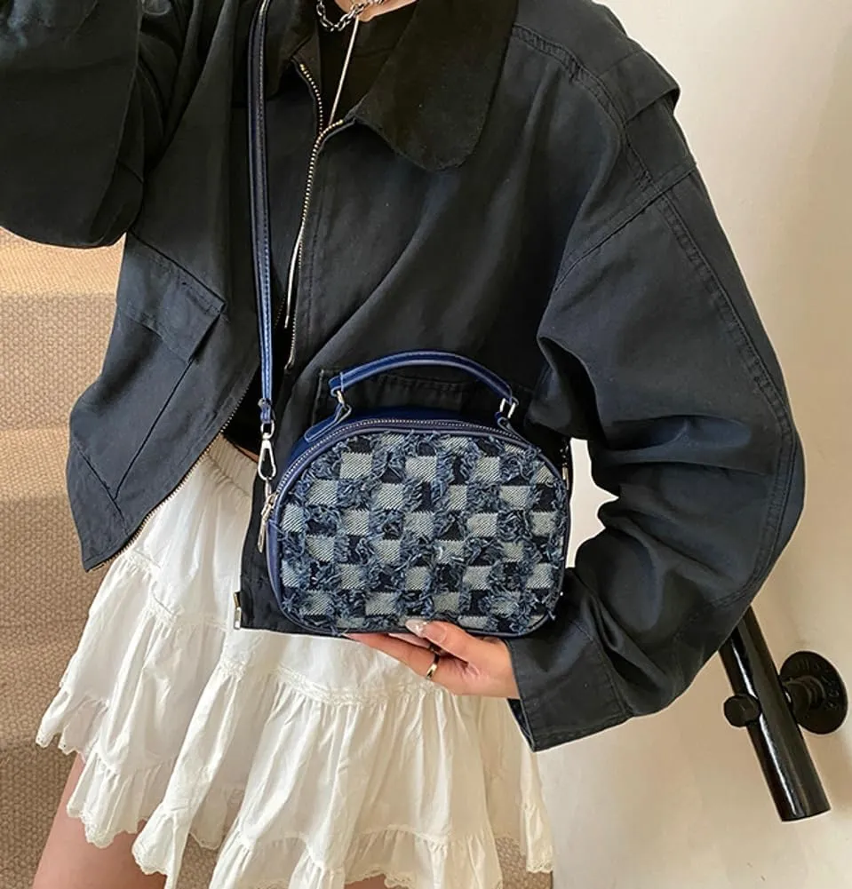 Women Denim Mini Top Handle Shoulder Crossbody Checkered Satchel Purse Plaid Handbag Trendy Work Square Bag