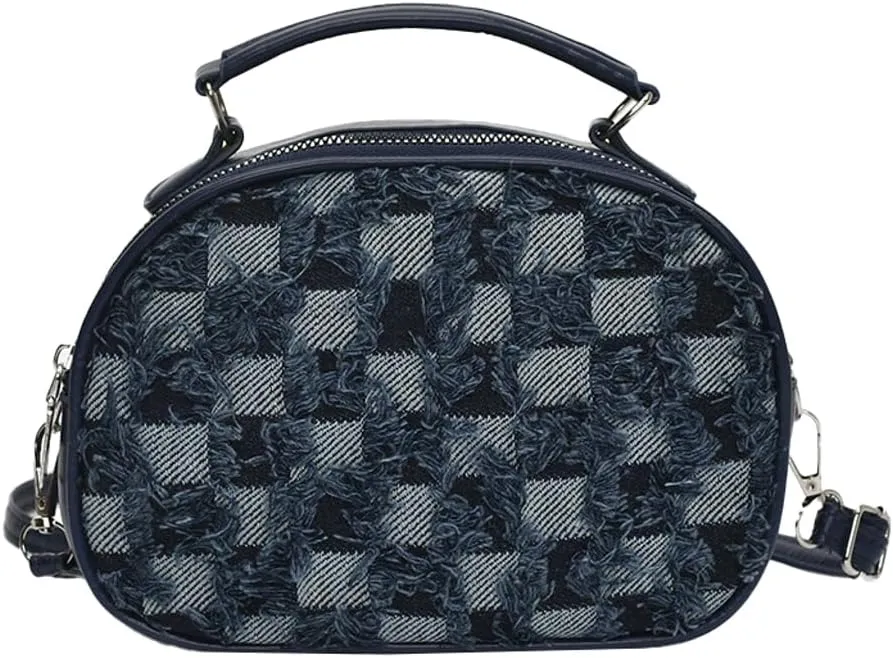 Women Denim Mini Top Handle Shoulder Crossbody Checkered Satchel Purse Plaid Handbag Trendy Work Square Bag