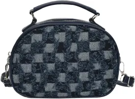 Women Denim Mini Top Handle Shoulder Crossbody Checkered Satchel Purse Plaid Handbag Trendy Work Square Bag