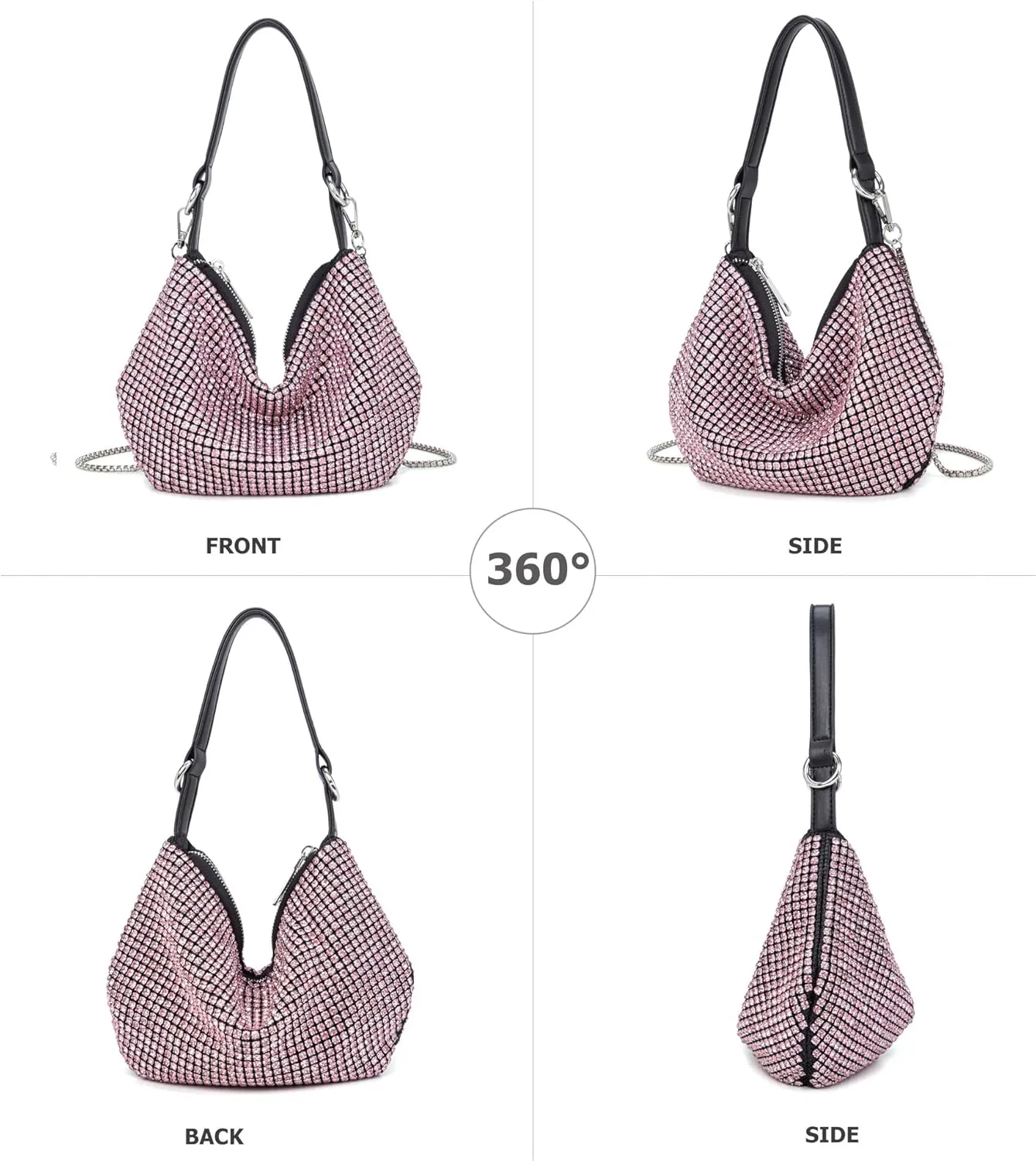 Women Sparkly Rhinestone Purse Tassel Crystal Diamond Crossbody Bag Silver Chain Clutch for Evening Prom Party