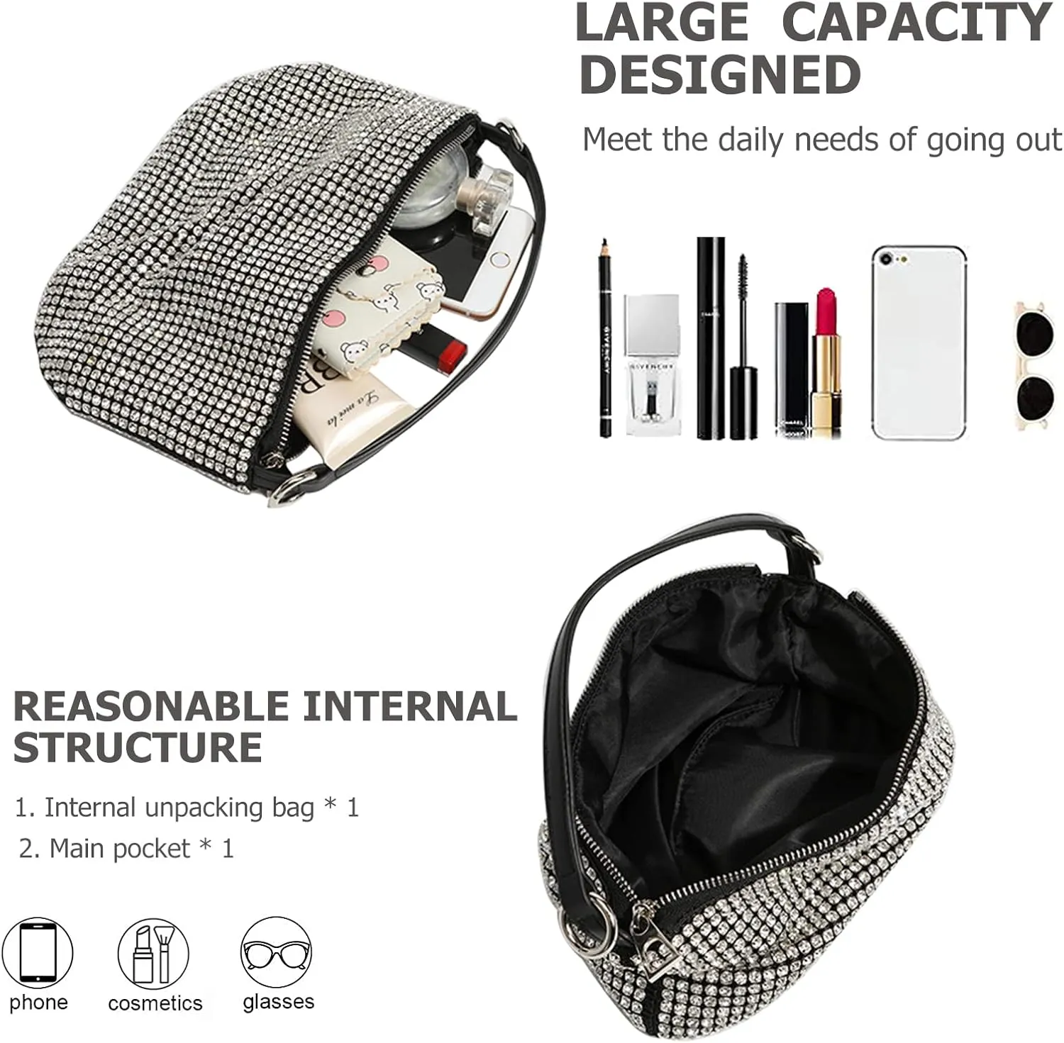 Women Sparkly Rhinestone Purse Tassel Crystal Diamond Crossbody Bag Silver Chain Clutch for Evening Prom Party