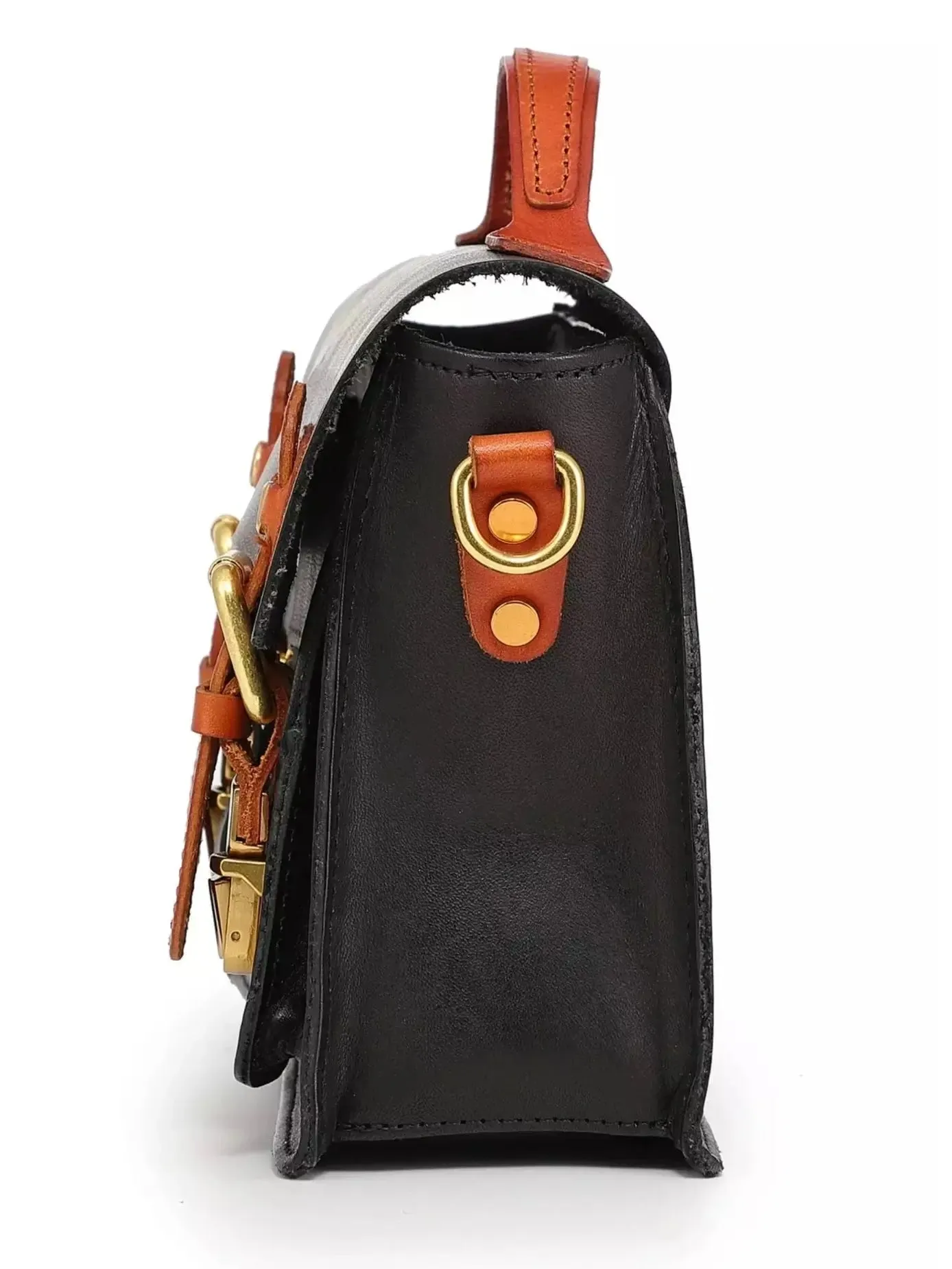 Women’s Color Contrast Mini Leather Satchel Bag in Black and Tan Leather