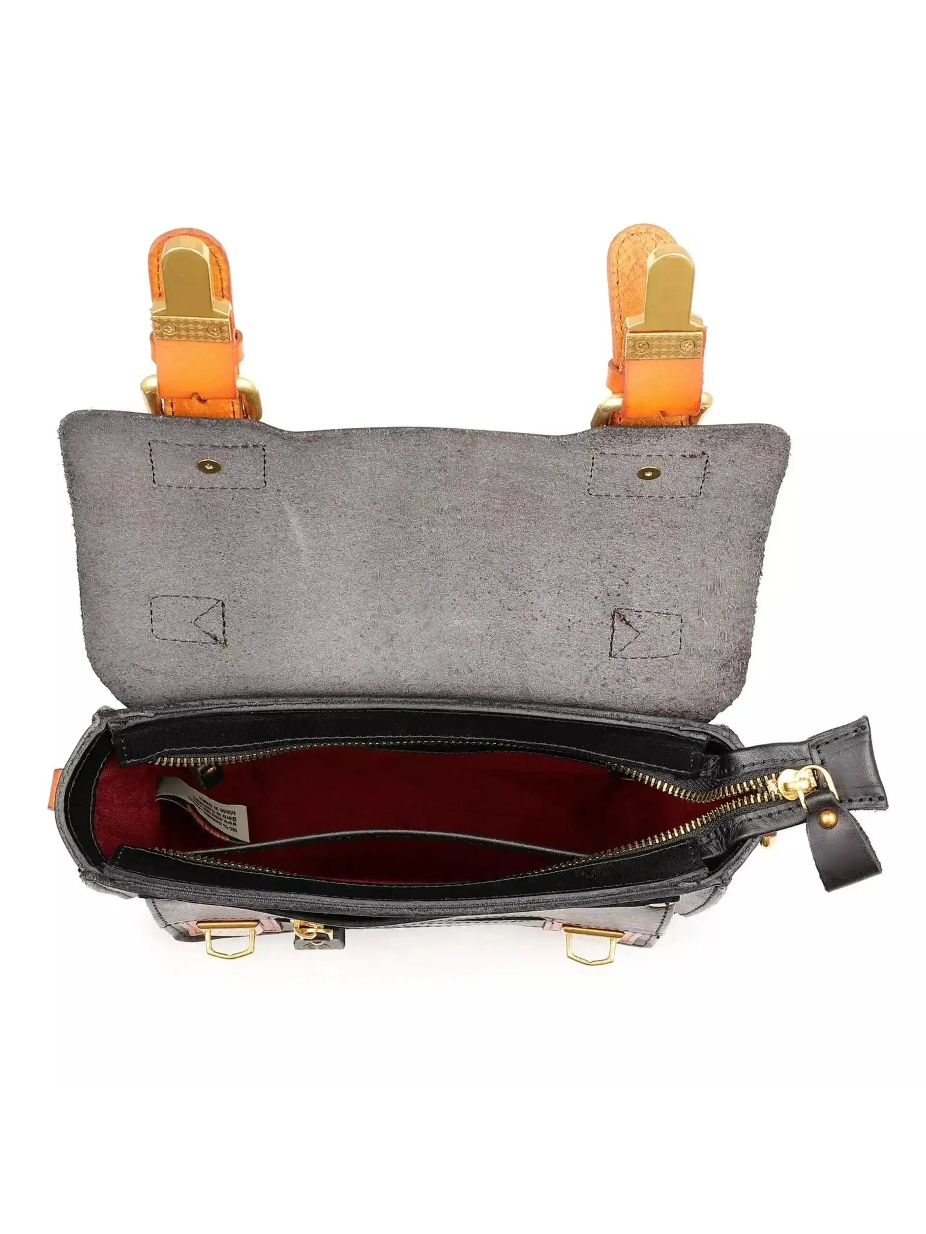 Women’s Color Contrast Mini Leather Satchel Bag in Black and Tan Leather