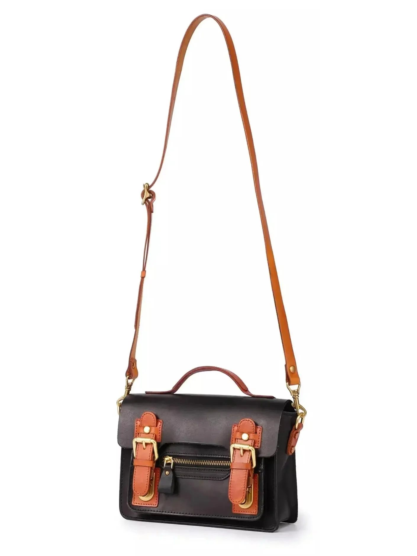 Women’s Color Contrast Mini Leather Satchel Bag in Black and Tan Leather