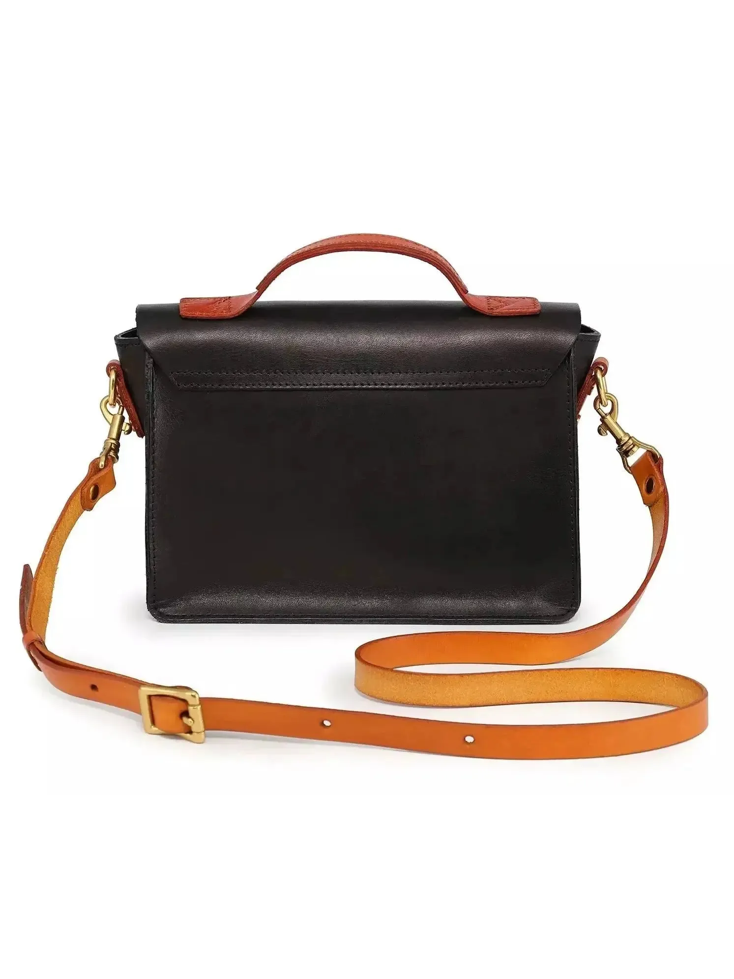 Women’s Color Contrast Mini Leather Satchel Bag in Black and Tan Leather