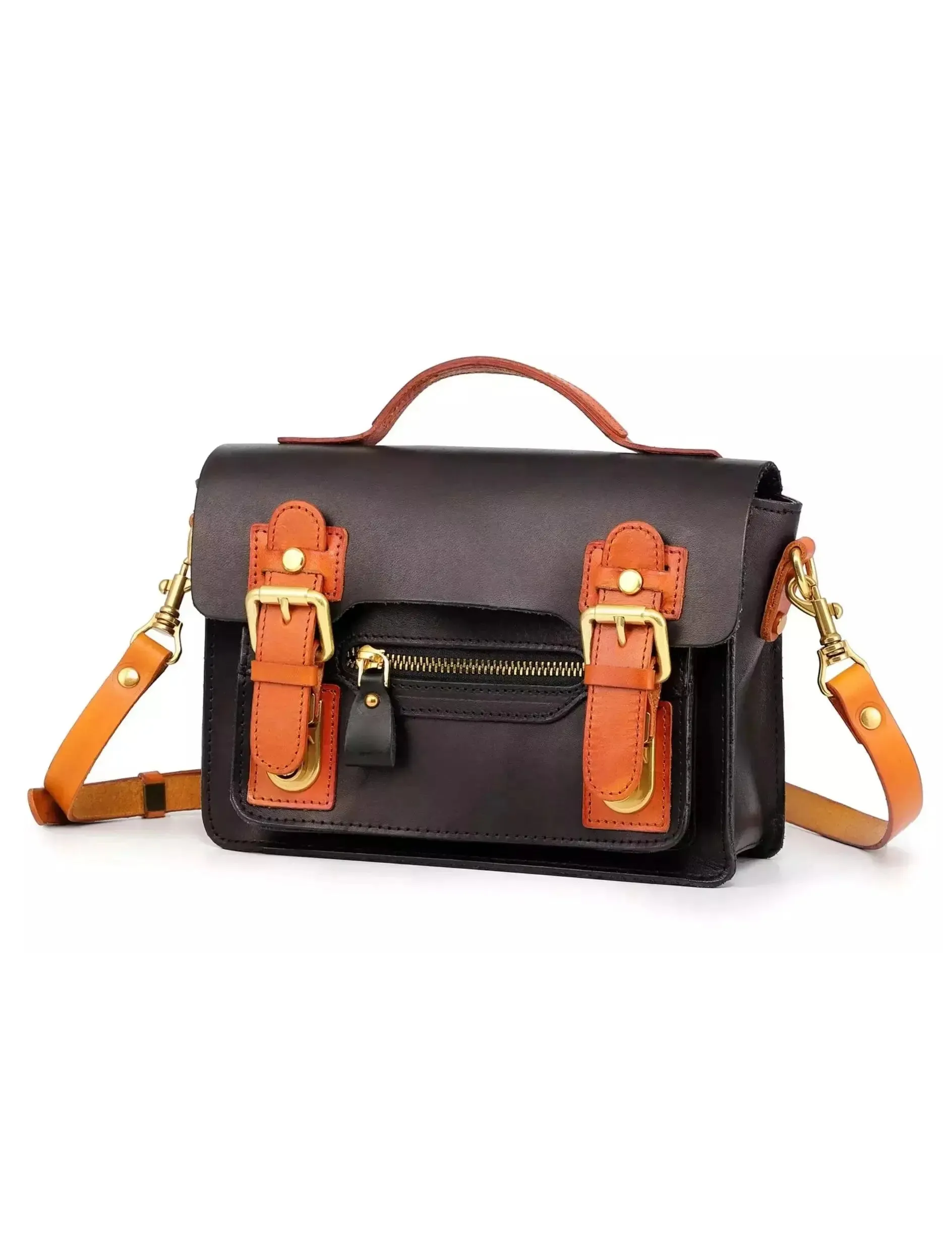 Women’s Color Contrast Mini Leather Satchel Bag in Black and Tan Leather