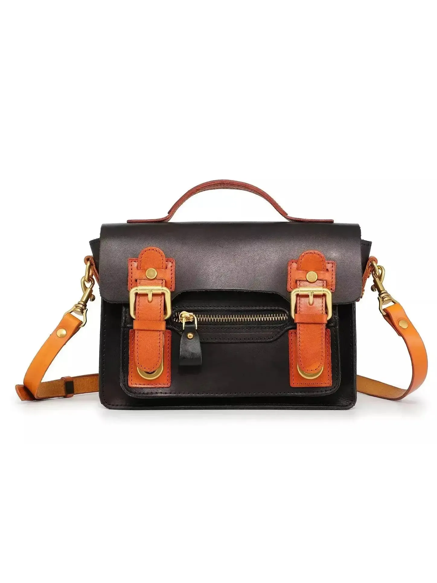 Women’s Color Contrast Mini Leather Satchel Bag in Black and Tan Leather