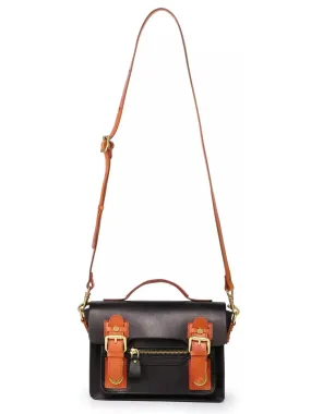 Women’s Color Contrast Mini Leather Satchel Bag in Black and Tan Leather