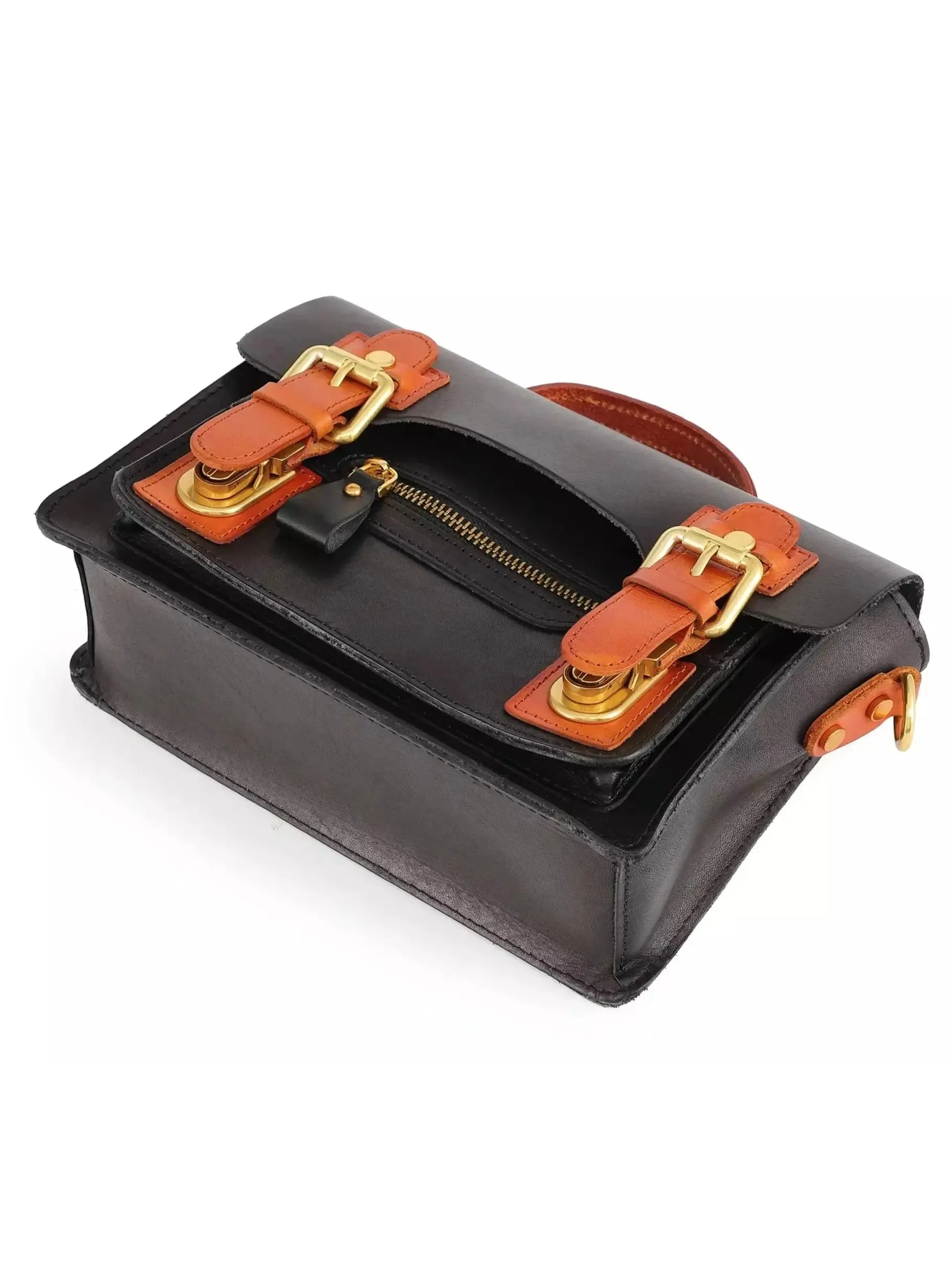 Women’s Color Contrast Mini Leather Satchel Bag in Black and Tan Leather