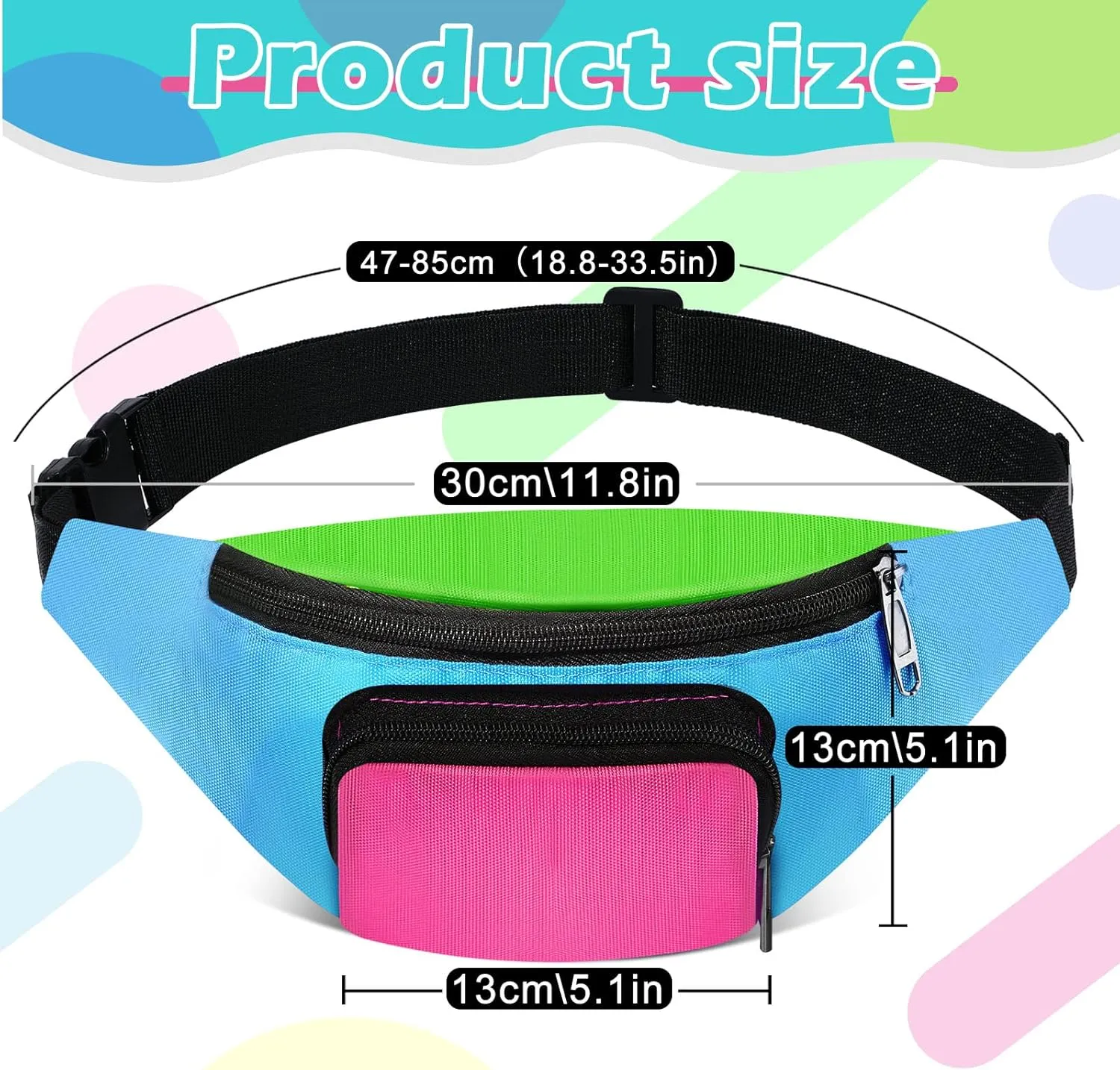 Xuniea 80s Retro Neon Fanny Pack 2 Pockets Belt Bags 90s Costumes for Women Men Waist Packs for Holiday Festival 80s Theme Halloween Party(Blue Bottom)