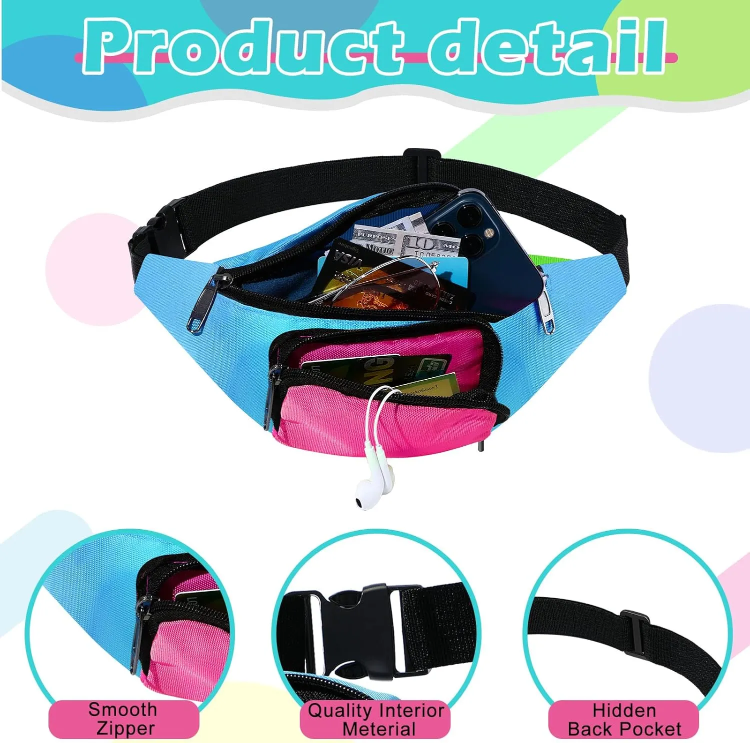Xuniea 80s Retro Neon Fanny Pack 2 Pockets Belt Bags 90s Costumes for Women Men Waist Packs for Holiday Festival 80s Theme Halloween Party(Blue Bottom)