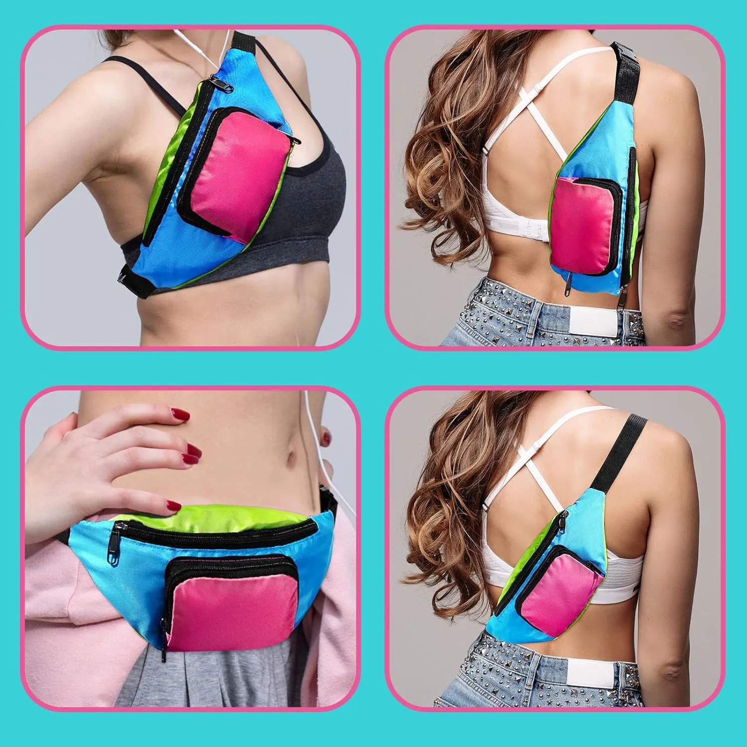 Xuniea 80s Retro Neon Fanny Pack 2 Pockets Belt Bags 90s Costumes for Women Men Waist Packs for Holiday Festival 80s Theme Halloween Party(Blue Bottom)
