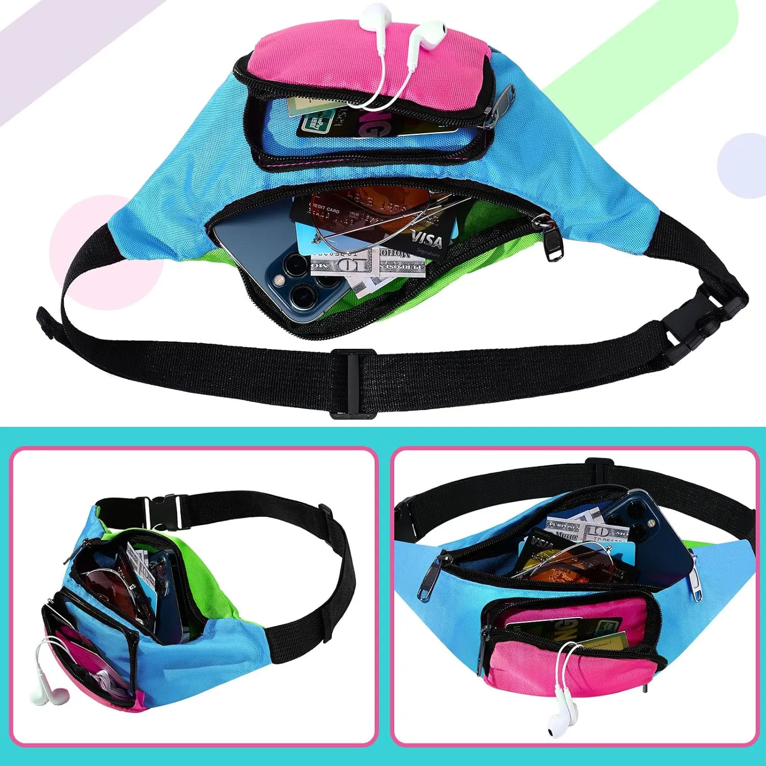 Xuniea 80s Retro Neon Fanny Pack 2 Pockets Belt Bags 90s Costumes for Women Men Waist Packs for Holiday Festival 80s Theme Halloween Party(Blue Bottom)